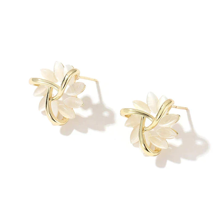Gold hoop earrings with opal flowers